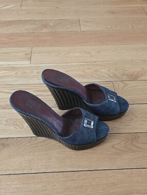 Pelle Moda.  Denim Wedge Slide Heels with Decorative Buckle - Women